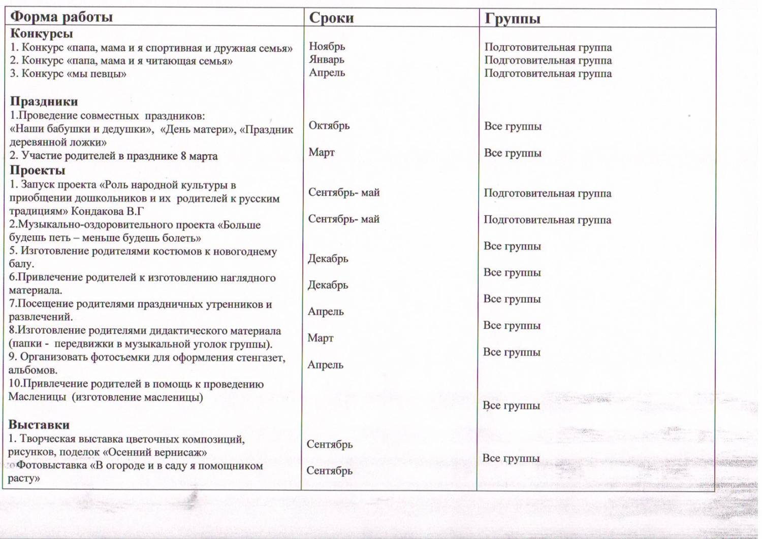 План праздников и развлечений в детском саду